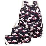 Mingdoo Canvas Schultaschen-Sets Flamingo Druck Schulranzen Freizeitrucksack Rucksack + Lunch-Taschen + Federmäppchen - Flamingo 3 Teile/Satz